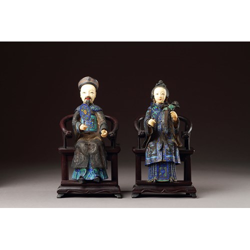 Rare and Superb Pair of Chinese Canton Silver Enamel and Ivory Portrait Figures
